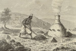 Inheemse ijzererts smelten in Fouta Djallon, Guinee, 1850s, uit `Le Tour du Monde